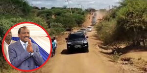A convoy of vehicles plying the Kyuso–Tseikuru Road in Kitui County and an insert of Wiper party leader Kalonzo Musyoka.