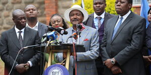 Whiper Party Leader Kalonzo Musyoka, with other opposition leaders in a press briefing