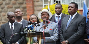 Whiper Party Leader Kalonzo Musyoka, with other opposition leaders in a press briefing