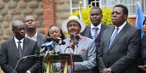 Whiper Party Leader Kalonzo Musyoka, with other opposition leaders in a press briefing