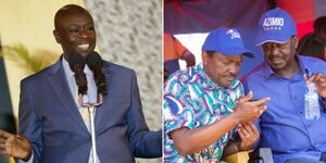 Deputy President Rigathi Gachagua speaking at the Bomas of Kenya on Monday, July 31  (left) and former Prime Minister Raila Odinga and Wiper leader Kalonzo Musyoka at a rally in Turkana, on April 4, 2022 (right).