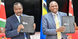 National Dialogue Committee Co-chairs Kalonzo Musyoka (left) and Kimani Ichung'wah presents framework agreement and agenda that will be the basis of the talks on August 30, 2023.