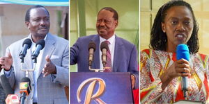 A photo collage of Azimio Leaders Kalonzo (left), Raila Odinga (centre) and Martha Karua 