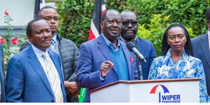 Wiper Party leader Kalonzo Musyoka, former Prime Minister Raila Odinga and Martha Karua during a joint media address on July 4, 2023