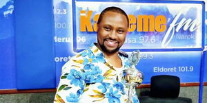 Kameme FM journalist Washington Gathuki Kinyua popularly known as Gathuki Mundu Wakasungula at the station in 2021