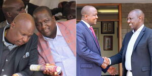Tiaty MP William Kamket with KANU party leader Gideon Moi (left) at a funeral in Baringo on July 14, 2018, and with President William Ruto (right) after the August 9 General Election.