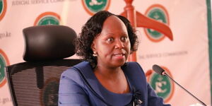 Prof. Patricia Kameri-Mbote during her interview at the Supreme Court for the position of the Chief Justice on April 13, 2021.