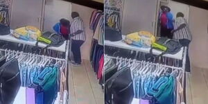 A man captured on CCTV assault a female employee inside a shop in Kangemi. 