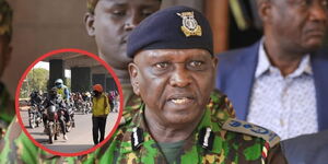 The Inspector General of Police, Douglas Kanja, during a past press briefing and an insert of goons approaching the Nairobi CBD.
