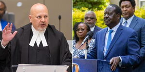 A photo collage of ICC prosecutor Karim Khan during his swearing-in ceremony on June 16, 2021, in the Netherlands and Azimio's Raila Odinga addresses the media on February 16, 2023.