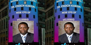 A congratulatory message to Dr Kariuki in New York’s Times Square Billboard after he was named Velosbio’s new Chief Finance Officer.