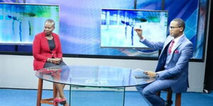Lands CS Farida Karoney (left) with NTV anchor Salim Swaleh (right) in
