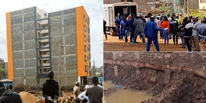 A photo collage of a 7-storey building in Kasarani estate which began to sink on August 29, 2023.