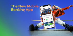 A graphic of a woman showing the look and feel of the New KCB Banking Mobile App.