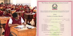 A photo collage of students sitting for exams and a KCSE certificate. 