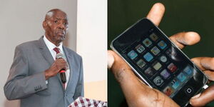 Photo collage of Education CS Ezekiel Machogu and a Kenyan using a mobile phone.