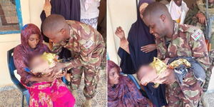 KDF handing over the newborn to her mother after safe deliver in Wajir County.