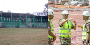 A photo collage of Thika Stadium and CDF Kahariri inspecting a past stadium development