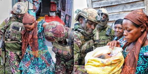 KDF officers helping an expectant woman in DRC on May 25, 2023 (left) and the officers carrying the baby after delivery (right).