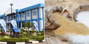 A photo collage of KEBS offices in Nairobi taken on June 11, 2019 (left) and a stock image of white and brown sugar (right).