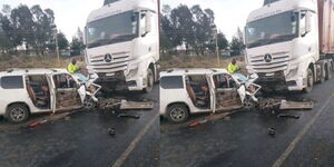 An image showing the aftermath of a head-on collision between a Probox and a Truck along the Kericho-Nakuru highway on Thursday, December 25, 2025