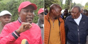 A photo collage of East African Legislative Assembly MP Kanini Kega on April 13, 2023 (left) and President Uhuru Kenyatta and SG Jeremiah Kioni at the new party headquarters on April 2023. 