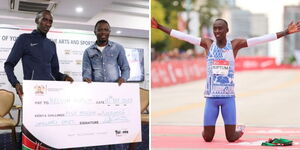 Photo collage of world record holder Kelvin Kiptum holding a cheque alongside Sports CS Ababu Namwamba and the athlete winning the Chicago Marathon in 2023.