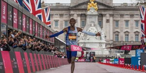 Kelvin Kiptum celebrates winning the TCS London Marathon on Sunday, April 23, 2023 in the United Kingdom.