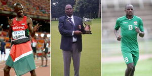 A collage photo of Ezekiel Kemboi (left), Moses Tanui (centre) and Dennis Oliech (right). 