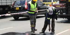 KeNHA workers conducting road maintenance work on Thika Super Highway 
