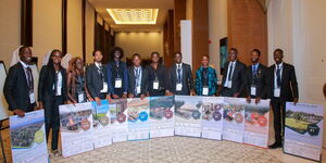 L: R Mathew, Joseph Sitati, Simbisa Brands Kenya limited, Huriet Jepleting KenSAP scholar and Alan Davidson, Executive Director KenSAP during the KenSAP 5th Annual Charity gala at JW Marriot, Nairobi.