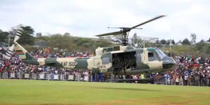 A Kenya Air Force helicopter arriving at Uhuru Gardens in February 2023. 