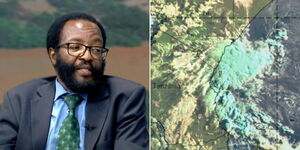 Kenya Met Director General David Gikungu speaking during a media interview (left) and the movement of Cyclone Ialy.
