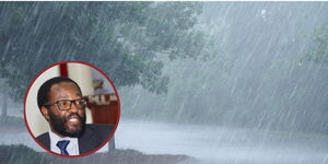 Picture depicting heavy rainfall an an insert of Kenya Met boss David Gikungu