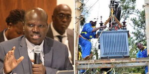Kenya Power CEO Joseph Siror (left) and the company's staff repair a transformer.