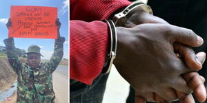Kenya Prisons Officer Shakur with a placard and a person in handcuffs.