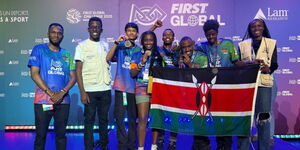 Kenya highschool students celebrating their silver medals during FIRST Global Robotics Challenge 2025.