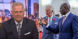 Sky News commentator Andrew Bolt during a show on November 2, 2023 (left) and President William Ruto and King Charles III at Uhuru Gardens on October 31, 2023.