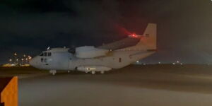 Kenya Airforce plane touching down in Kenya on Tuesday, April 25, carrying students from the International University of Africa, Khartoum.