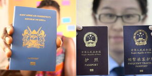 A photo collage of a Kenyan passport (left) and Chinese passport (right).