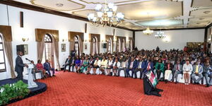 President William Ruto addressing Kenya Kwanza Parliamentary Group meeting at State House, Nairobi on May 23, 2023.