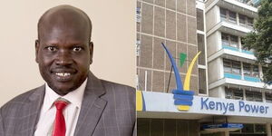 A photo collage of Kenya Power MD Joseph Siror and Kenya Power building.