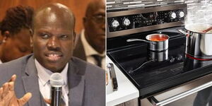Kenya Power CEO Joseph Siror (left) and an electric cooker.