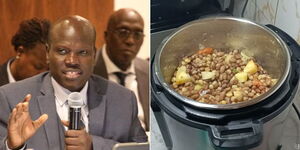 Kenya Power CEO Joseph Siror (left) and githeri on an electric cooker.