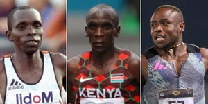 From left to right: 3,000 m champion Bernard Barmasai, Olympics champion Eliud Kipchoge and Africa's fastest man Ferdinand Omanyala. 