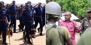 Kenyan security guards (left) and Interior CS Kithure Kindiki.