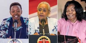 A photo collage of current and former Kenyan First Ladies Rachel Ruto (left), Margaret Kenyatta (centre) and the late Lucy Kibaki (right).