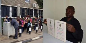 Kenyans queueing during recruitment exercise in Nairobi and Isaac Hague Oritcho with his certificates.
