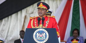 An image of former President Uhuru Kenyatta donning a military uniform at a past public event