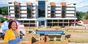 A photo of the entrance of the Kerugoya Level Five County Referral Hospital launched on June 13, 2023, and Kirinyaga Governor Anne Waiguru speaking during an event on May 23, 2023.